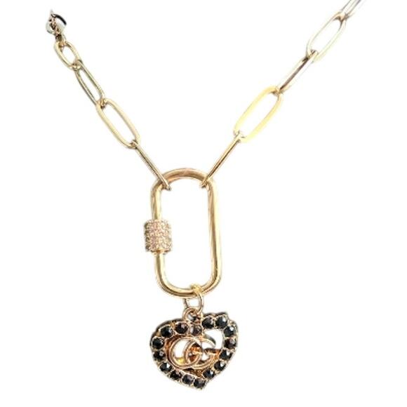 Gucci Gold & Black Heart Pendant with Paper Clip Carabiner Necklace (GGXX030) - Picture 1 of 5